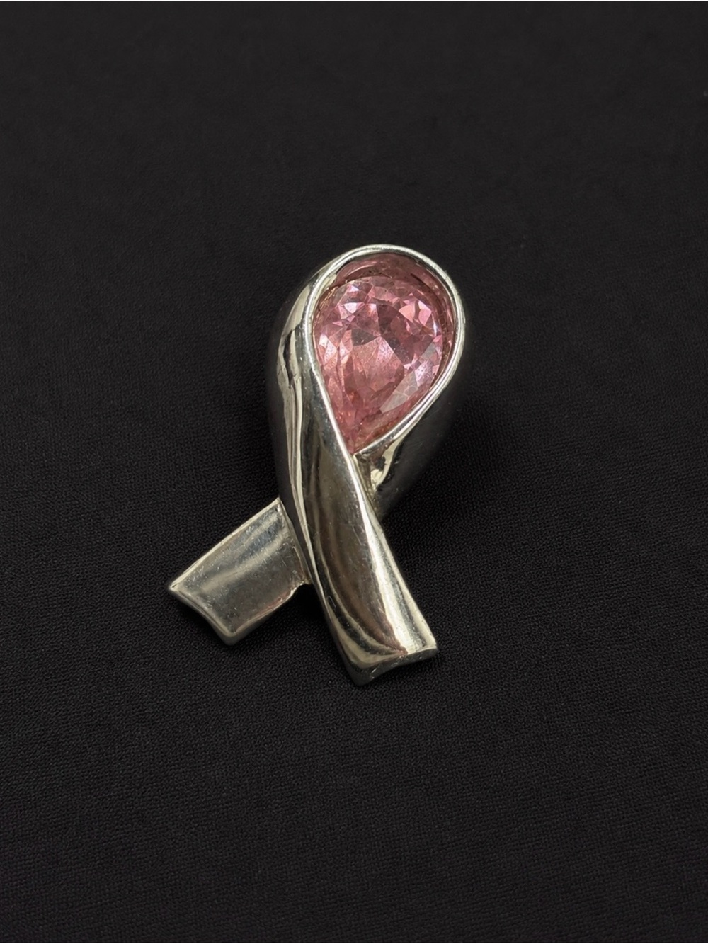 Simon Chang Pink Teardrop Ribbon Brooch with Silver-Tone Setting